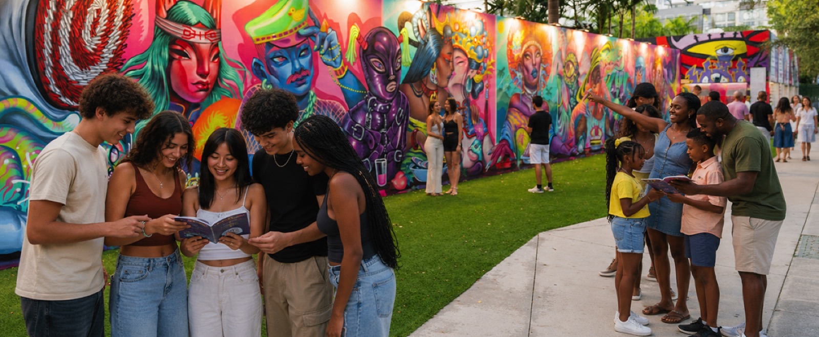 Teens on a scavenger hunt through murals