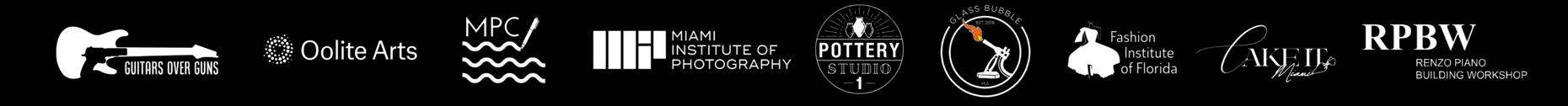 I Wonder partner logos: Guitars Over Guns, Oolite Arts, MPC, Miami Institute of Photography, Pottery Studio 1, Glass Bubble, Fashion Institute of Florida, Cake It Miami, Renzo Piano Building Workshop